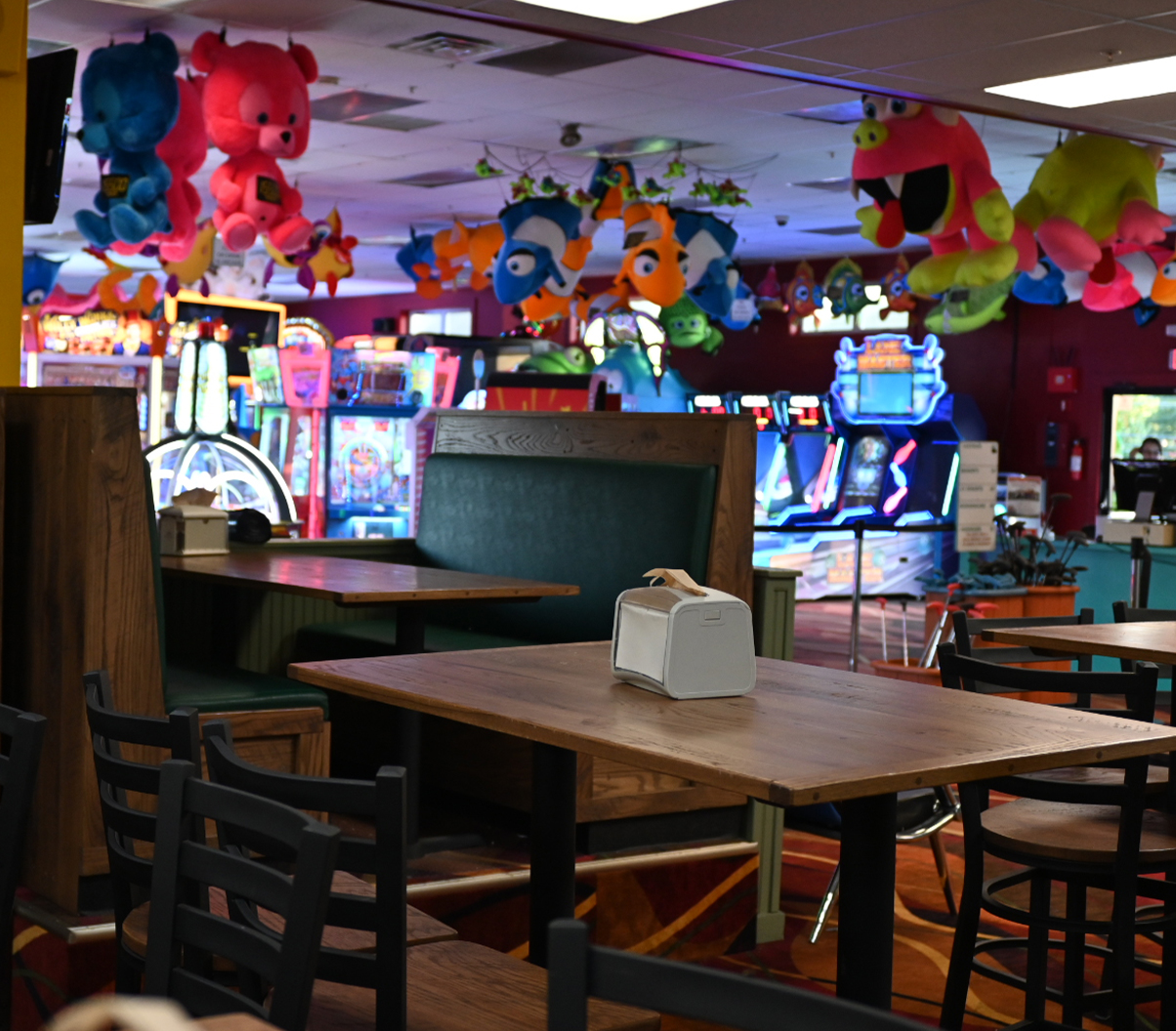 Booths in arcade.